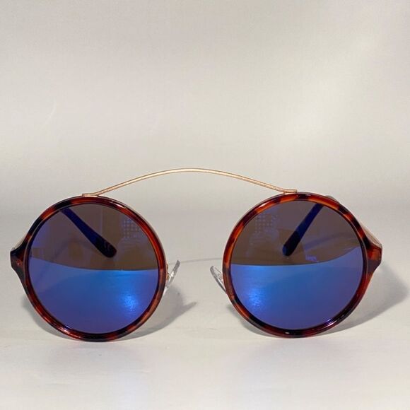 1356 Round Sunglasses Tortoise and Silver Frames Blue Mirror Lens NWT - Picture 3 of 9